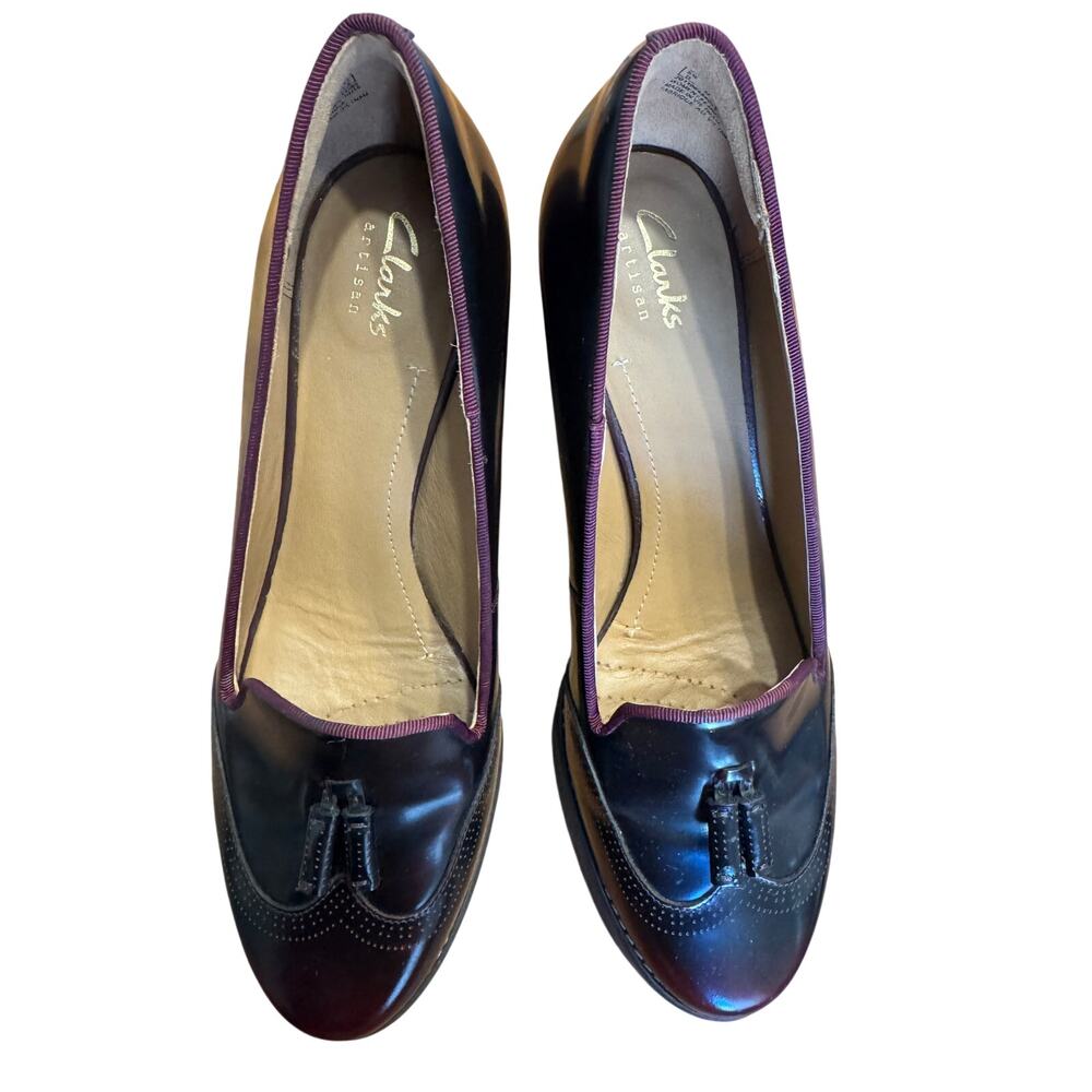 Clarks Burgundy Leather Tassel Loafer Heels – Academic / Preppy Size 8 - Picture 3 of 8